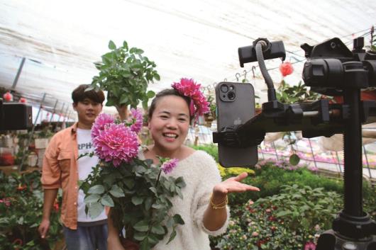 临沂市郯城县郯城街道汉唐花卉基地,李丽梅的直播间里,她正在推销盆栽的大丽花。后面是23岁的直播助理张瑞,李丽梅带他一起做直播带货,让他熟悉技巧和流程。 临沂市郯城县郯城街道汉唐花卉基地,李丽梅的直播间里,她正在推销盆栽的大丽花。后面是23岁的直播助理张瑞,李丽梅带他一起做直播带货,让他熟悉技巧和流程。